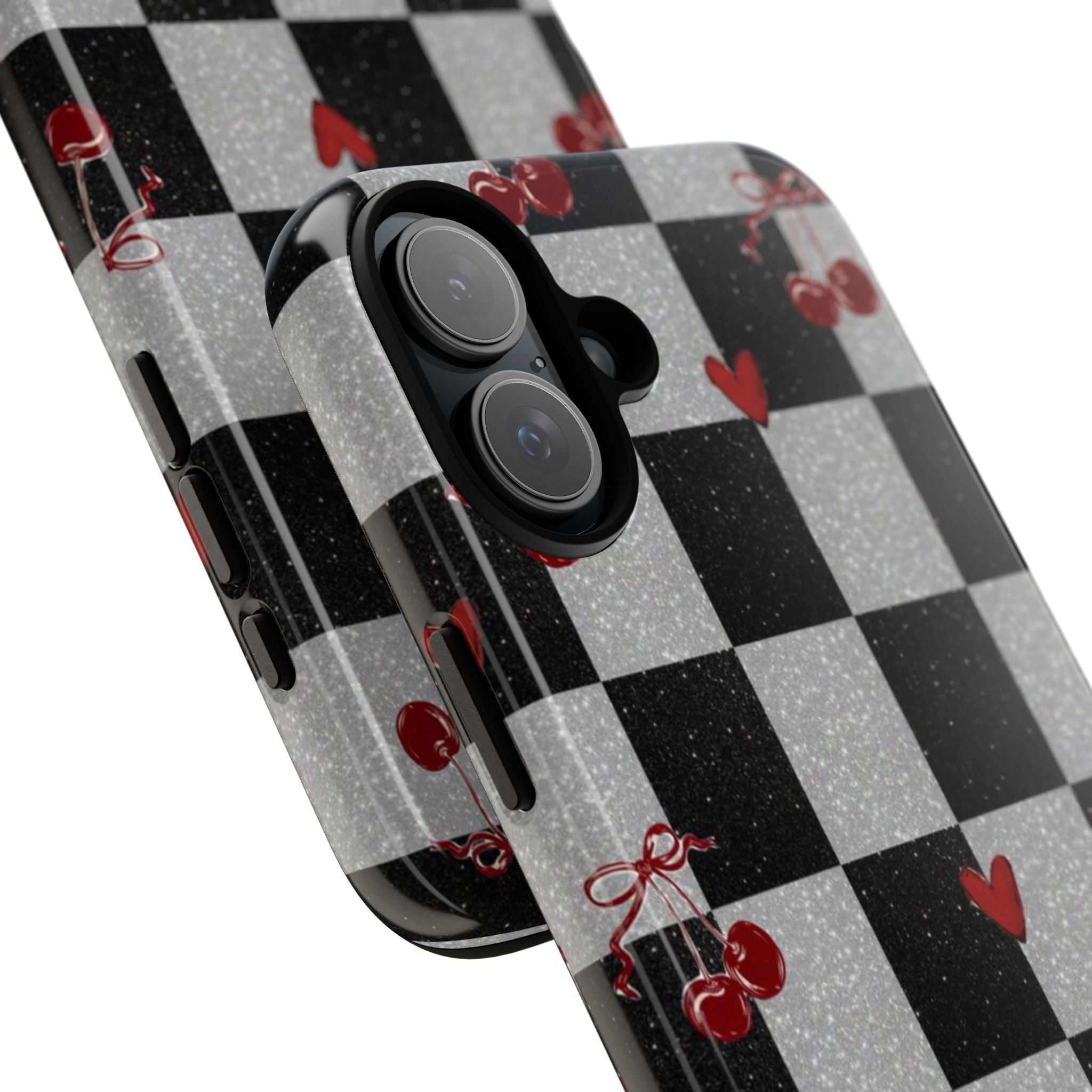 Cherry Checker Phone Case — Retro Black & White Plaid with Red Hearts
