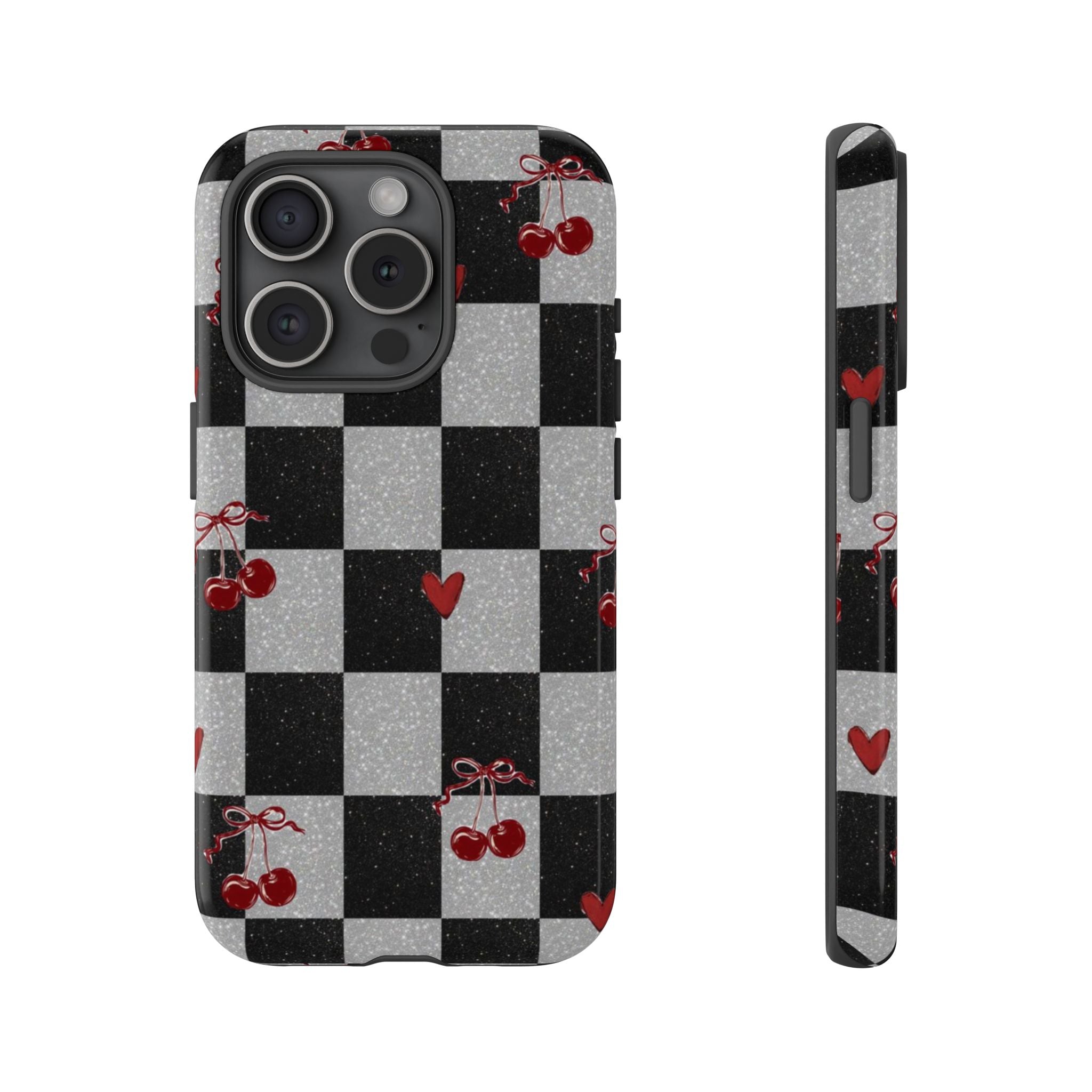 Cherry Checker Phone Case — Retro Black & White Plaid with Red Hearts
