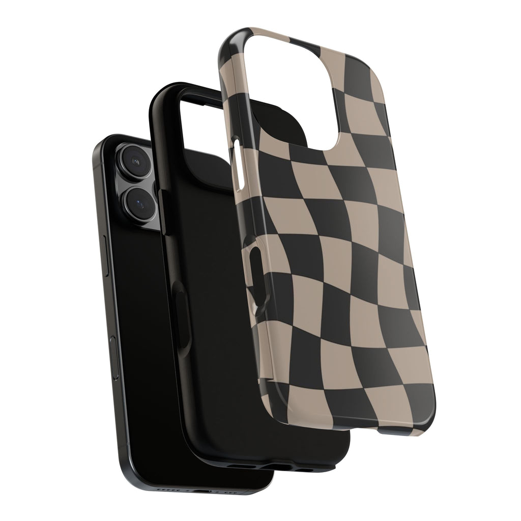 Wavy Checkerboard Phone Case — Retro Black & Beige Pattern, Durable Protective Cover