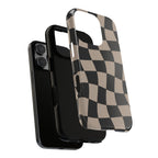 Wavy Checkerboard Phone Case — Retro Black & Beige Pattern, Durable Protective Cover