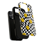 Smiley Checkerboard Tough Phone Case — Retro Wavy Black & White Design