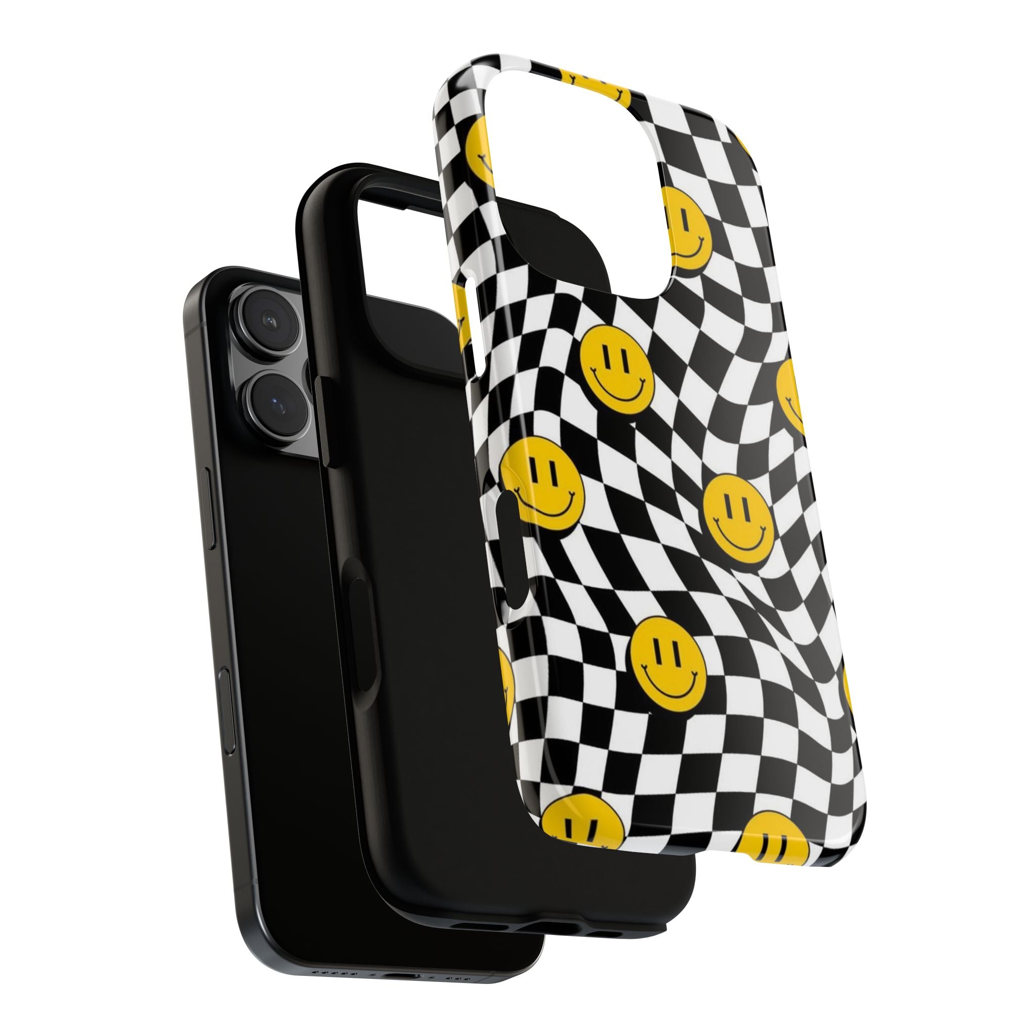 Smiley Checkerboard Tough Phone Case — Retro Wavy Black & White Design