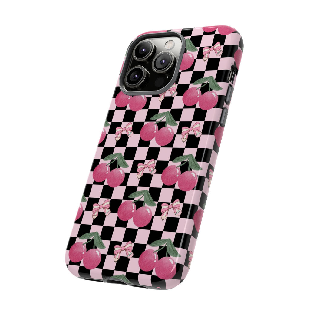 Cherry Checkered Phone Case — Pink Cherries on Black & White Checkerboard