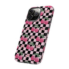 Cherry Checkered Phone Case — Pink Cherries on Black & White Checkerboard