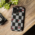 Cherry Checker Phone Case — Retro Black & White Plaid with Red Hearts