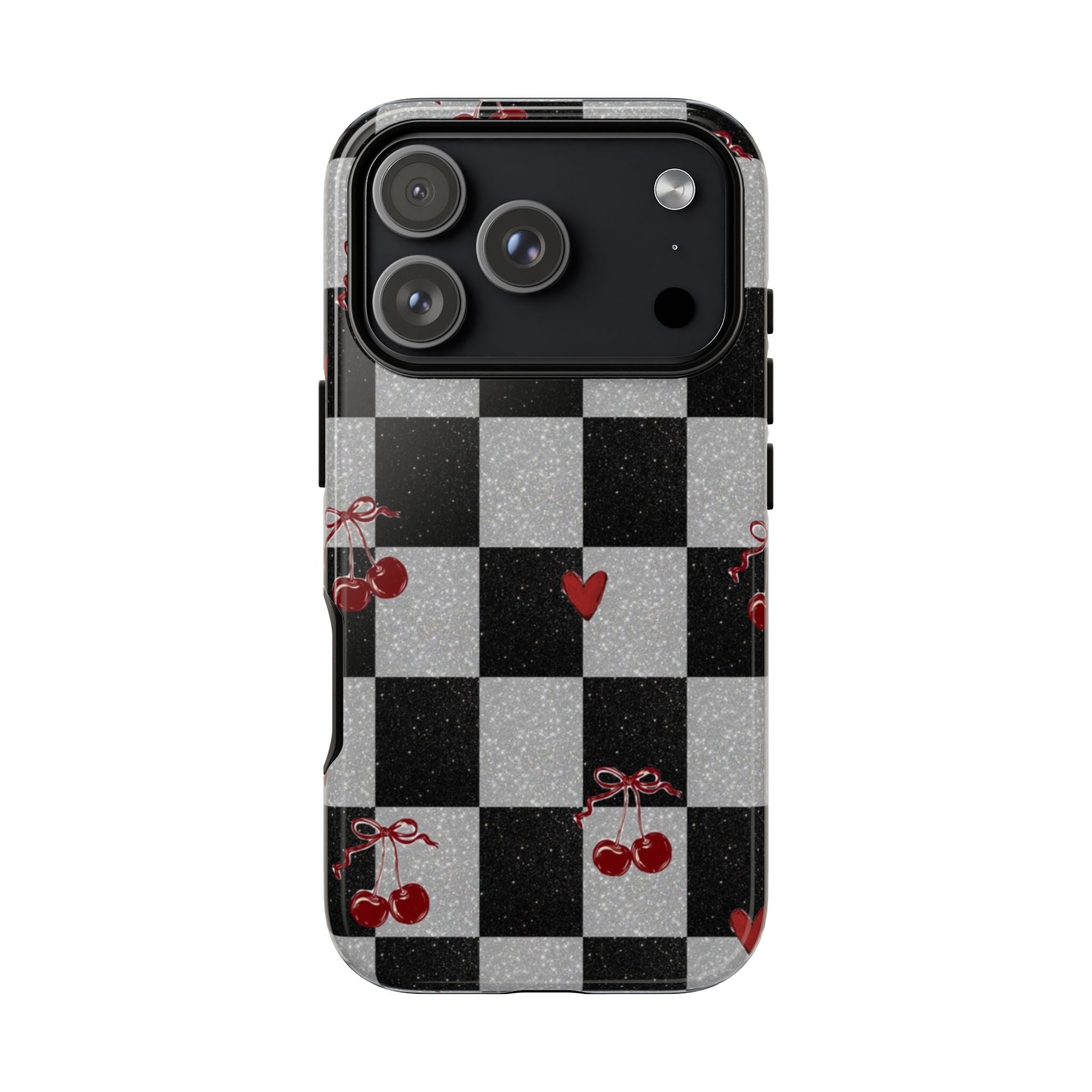 Cherry Checker Phone Case — Retro Black & White Plaid with Red Hearts