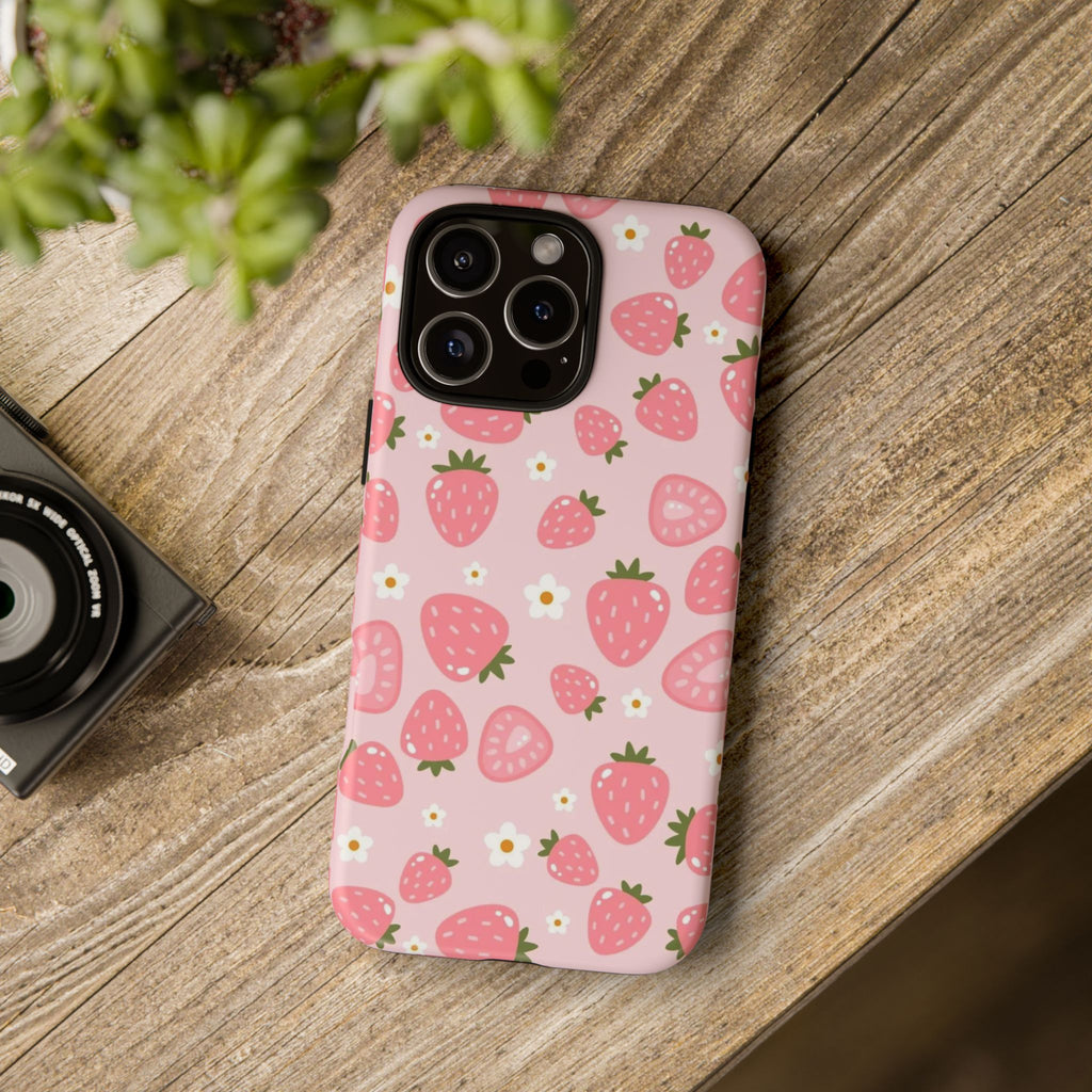 Strawberry Pattern Phone Case – Cute Pink Fruit Protective Tough Case
