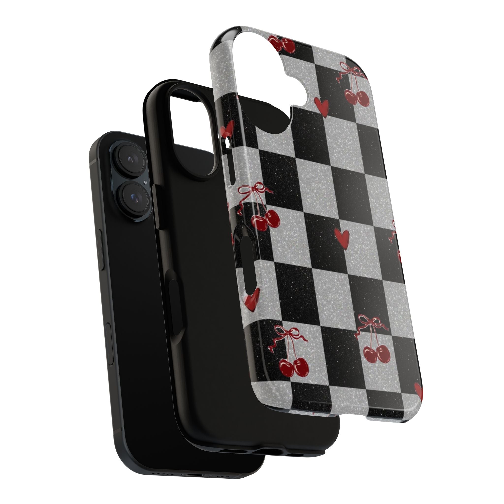 Cherry Checker Phone Case — Retro Black & White Plaid with Red Hearts