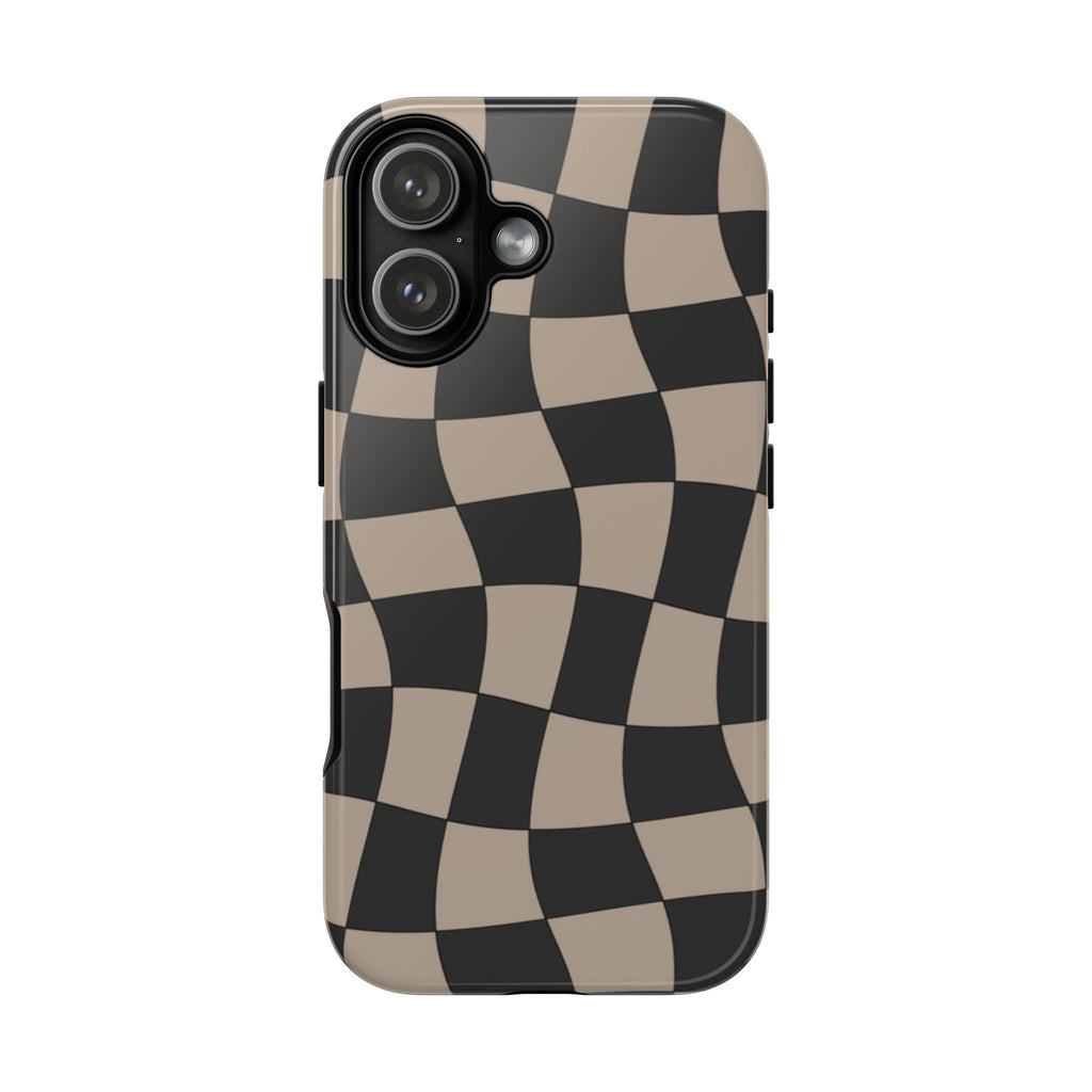 Wavy Checkerboard Phone Case — Retro Black & Beige Pattern, Durable Protective Cover