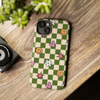 Green Checkered Floral & Smile Phone Case — Cute Heart, Daisy & Smile Pattern