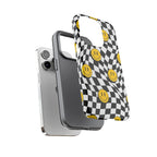 Smiley Checkerboard Tough Phone Case — Retro Wavy Black & White Design
