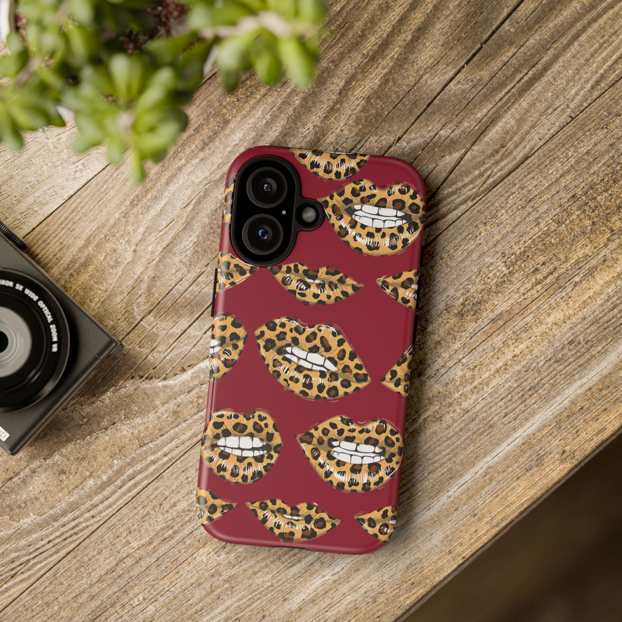 Phone Case — Leopard Lips Pattern on Burgundy