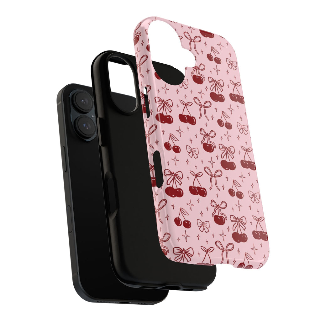 Cherry Pattern Phone Case — Cute Pink Cherries with Bows Durable Tough Case