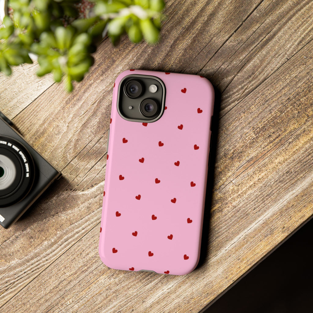 Pink Heart Pattern Tough Phone Case — Cute Red Hearts Protective Phone Cover (Valentine’s Day Gift)
