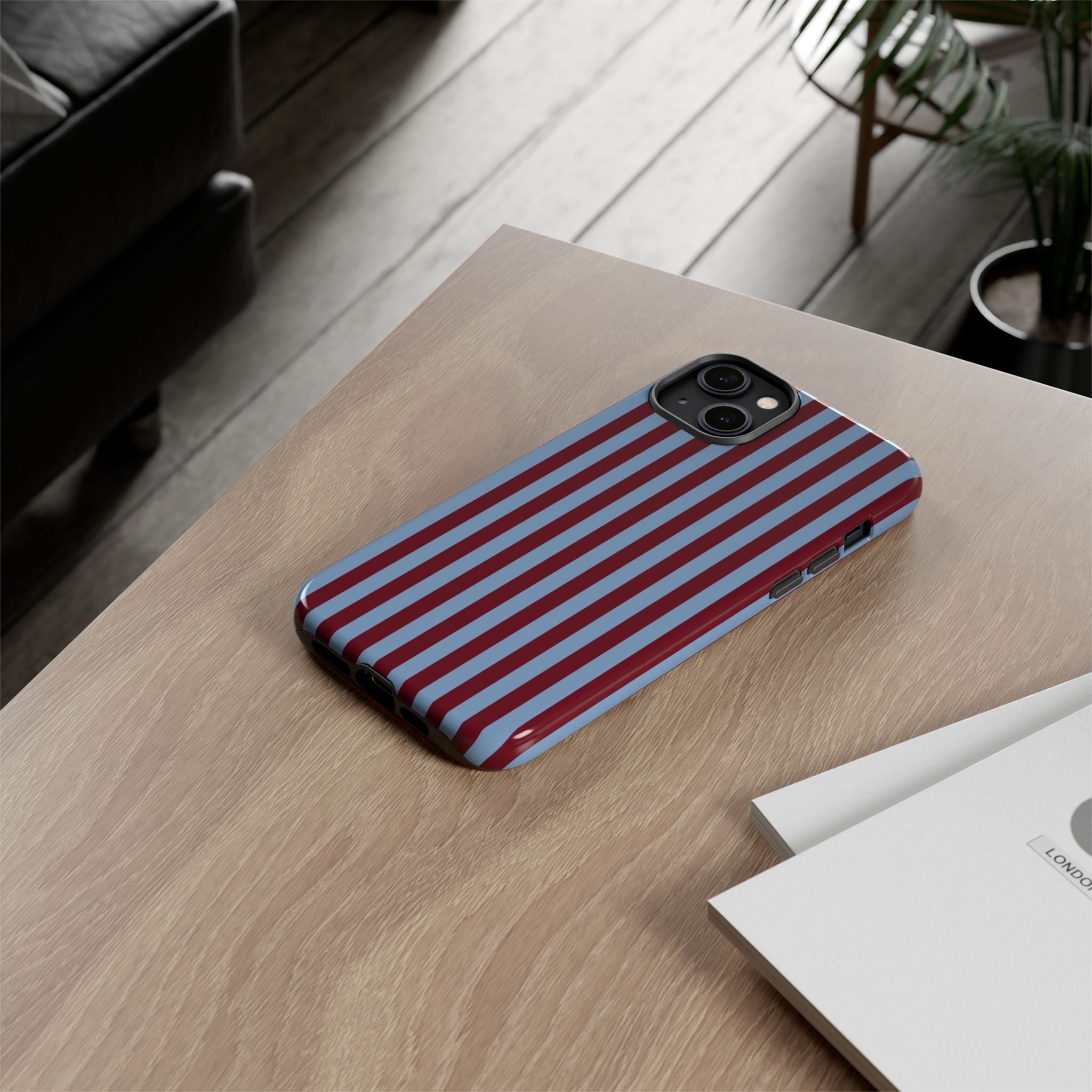Striped Tough Phone Case — Blue & Burgundy Vertical Stripe Protective Cover