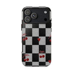 Cherry Checker Phone Case — Retro Black & White Plaid with Red Hearts