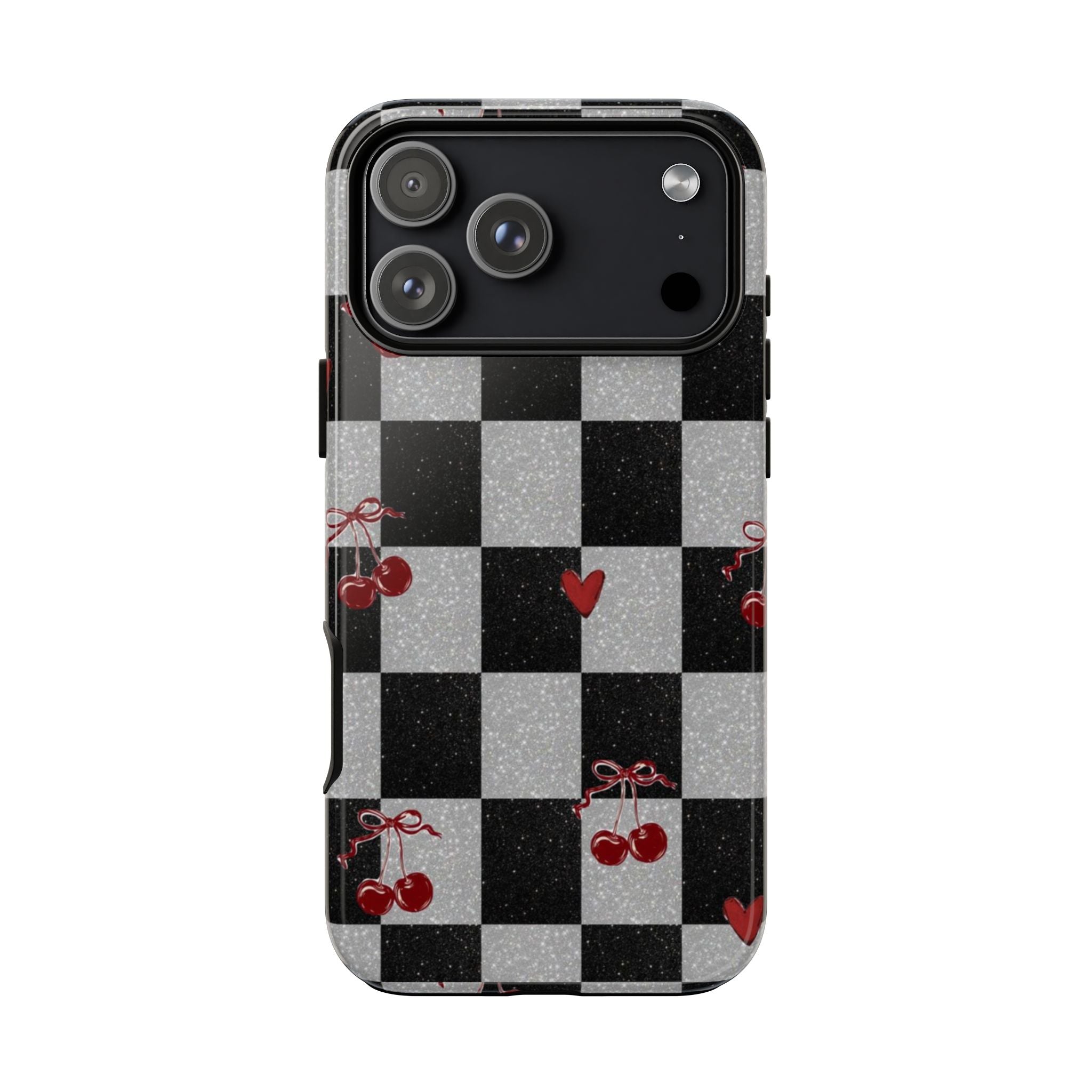 Cherry Checker Phone Case — Retro Black & White Plaid with Red Hearts