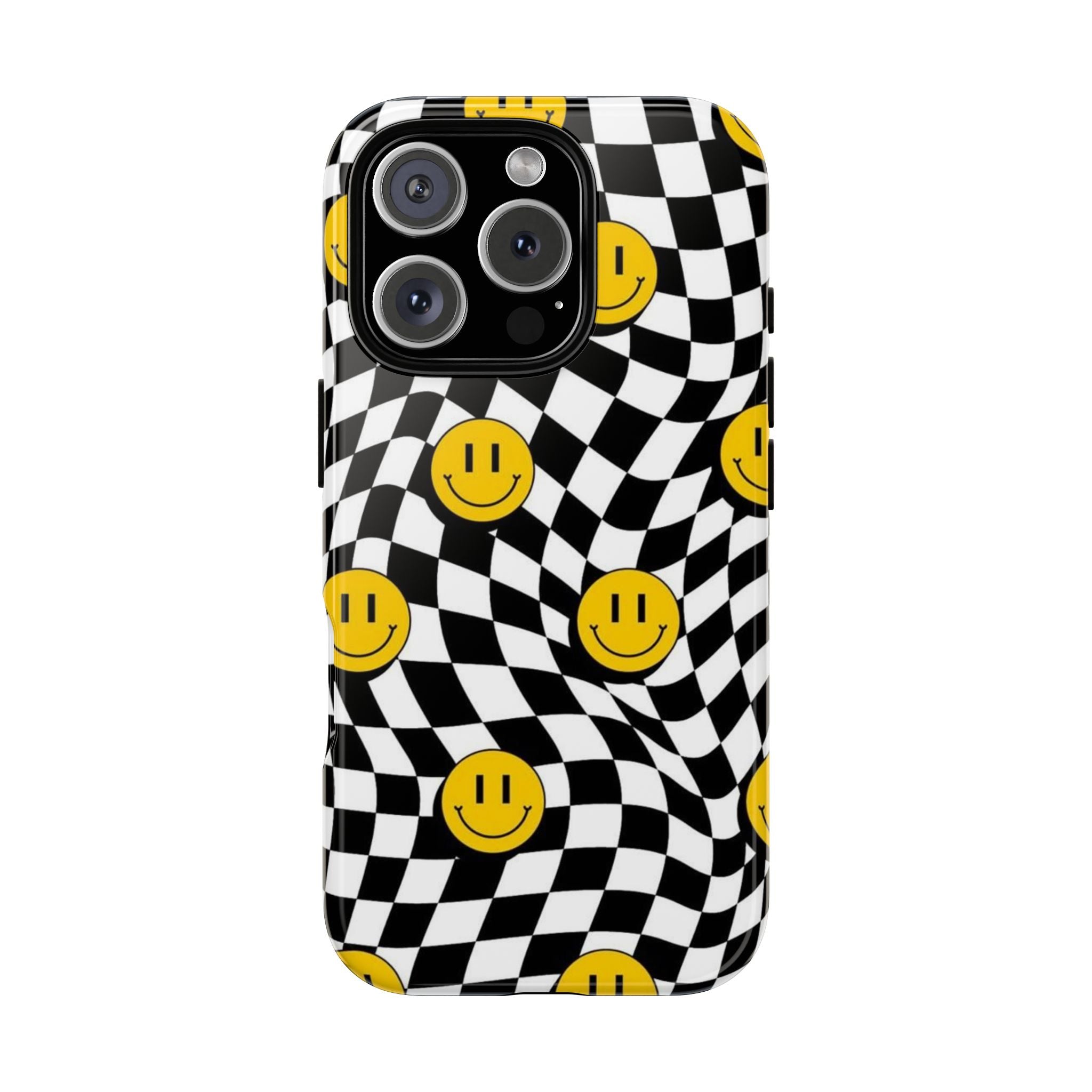 Smiley Checkerboard Tough Phone Case — Retro Wavy Black & White Design