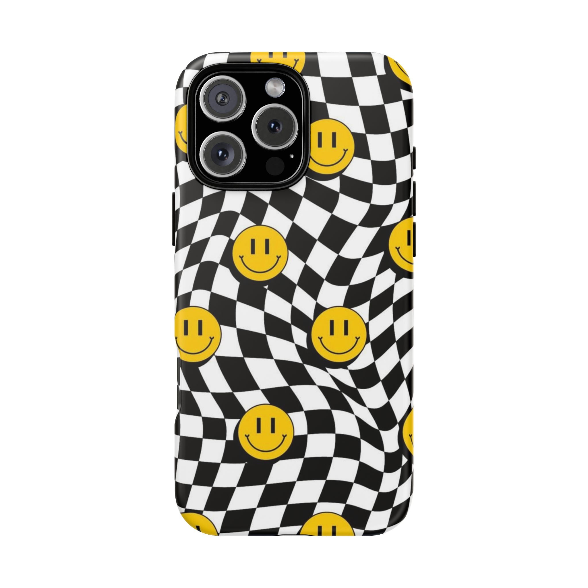 Smiley Checkerboard Tough Phone Case — Retro Wavy Black & White Design