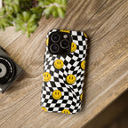 Smiley Checkerboard Tough Phone Case — Retro Wavy Black & White Design
