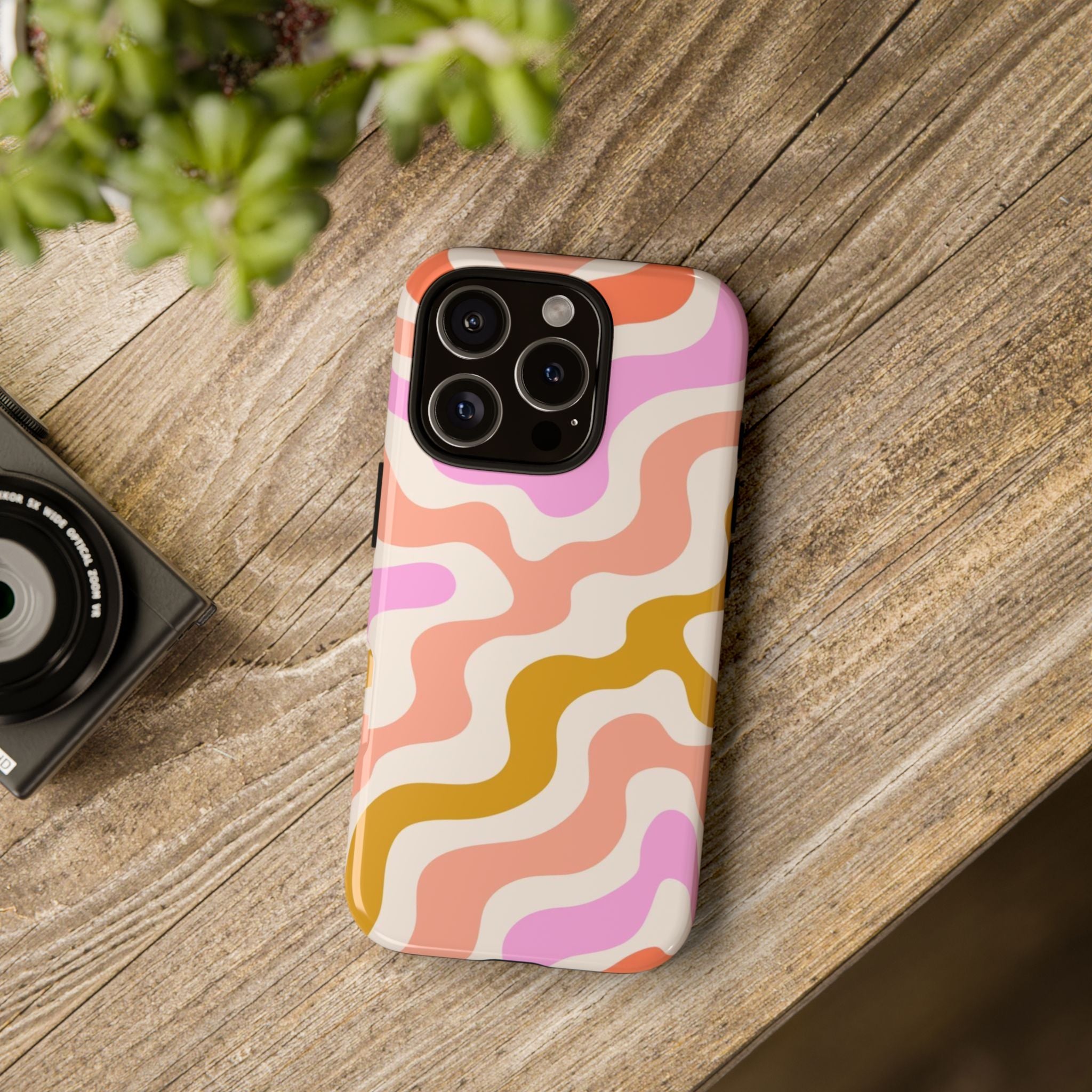 Retro Wavy Pattern Tough Phone Case — Pink, Peach & Mustard Abstract Design