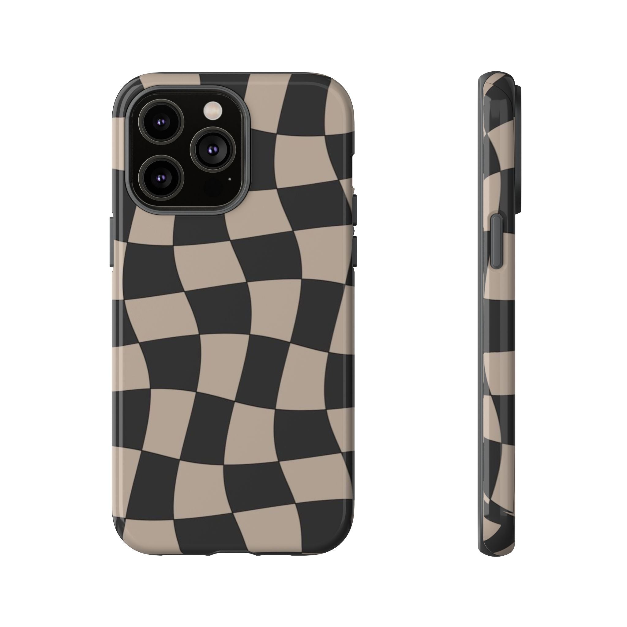 Wavy Checkerboard Phone Case — Retro Black & Beige Pattern, Durable Protective Cover