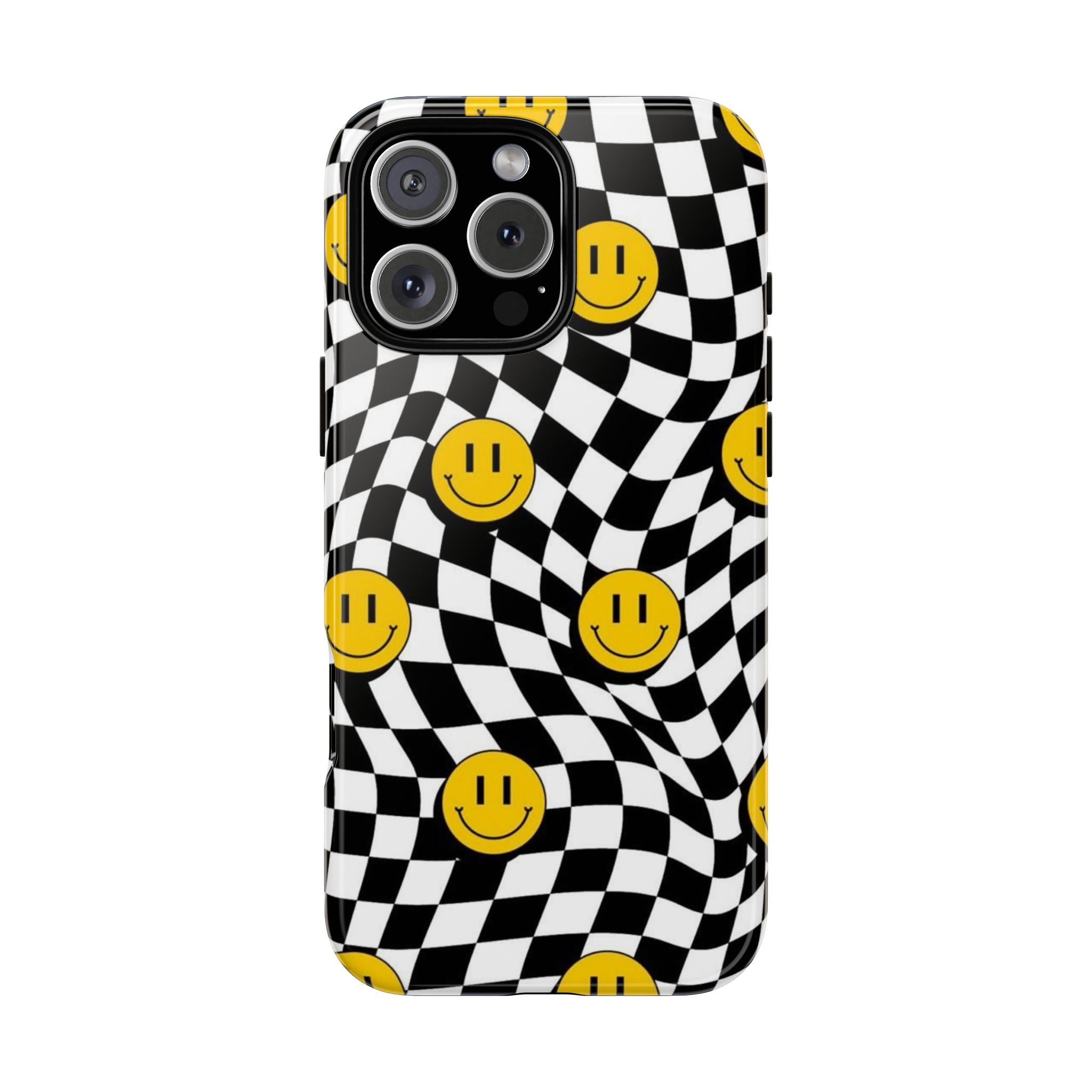 Smiley Checkerboard Tough Phone Case — Retro Wavy Black & White Design