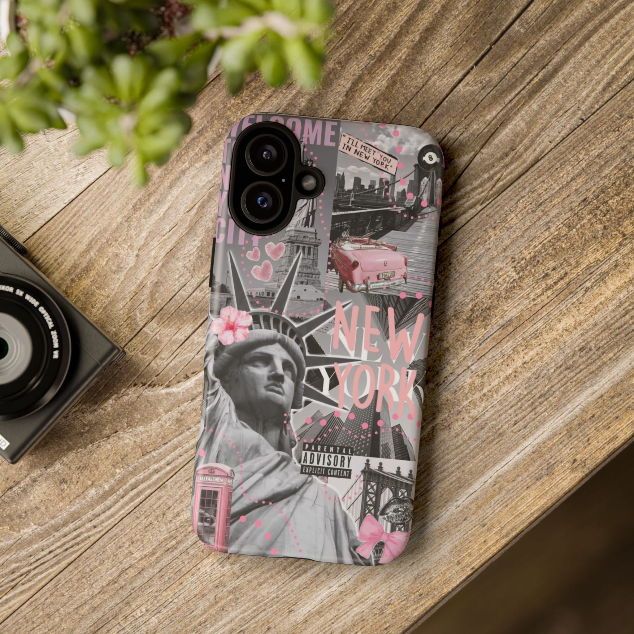 New York Collage Phone Case — Pink Retro Statue of Liberty Design