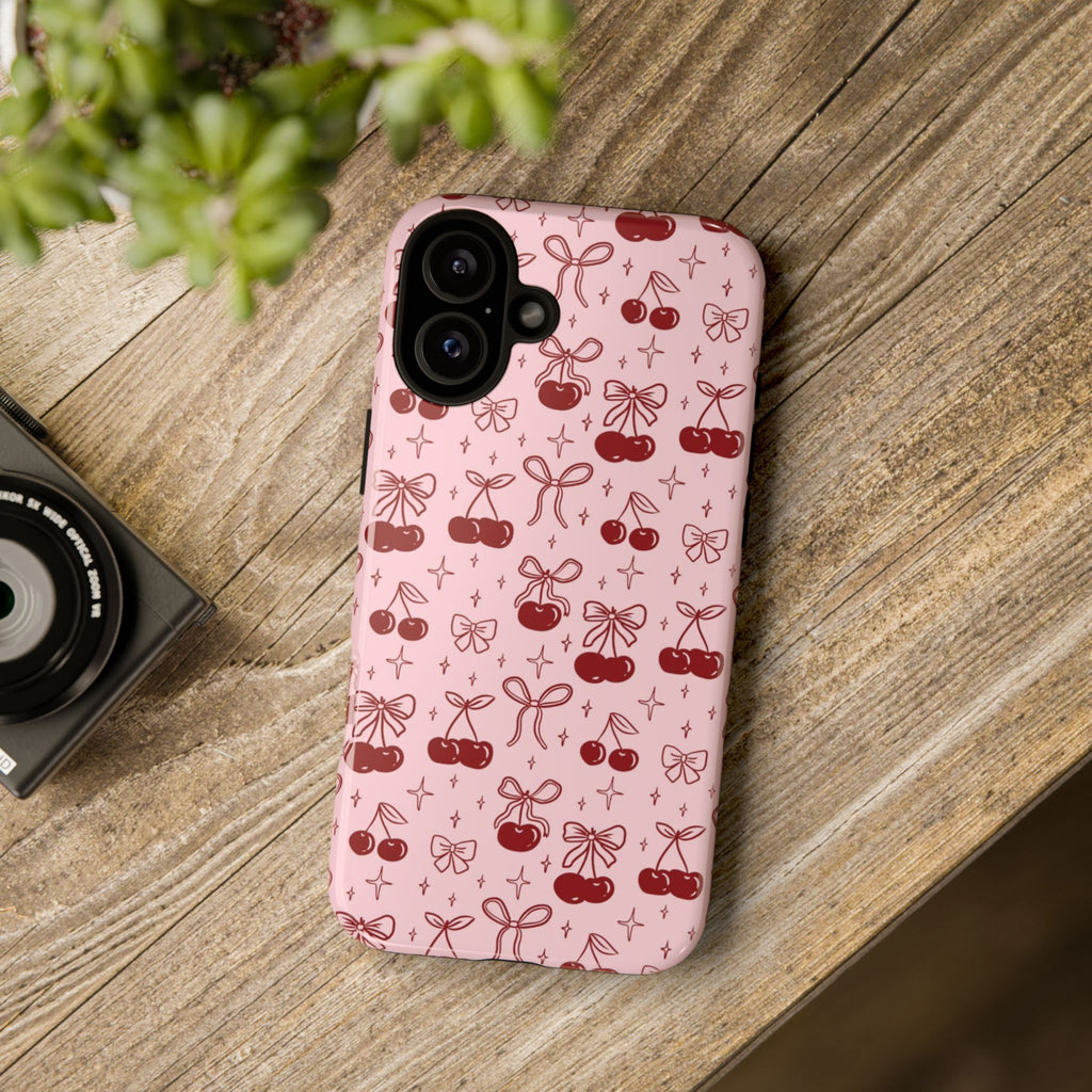 Cherry Pattern Phone Case — Cute Pink Cherries with Bows Durable Tough Case
