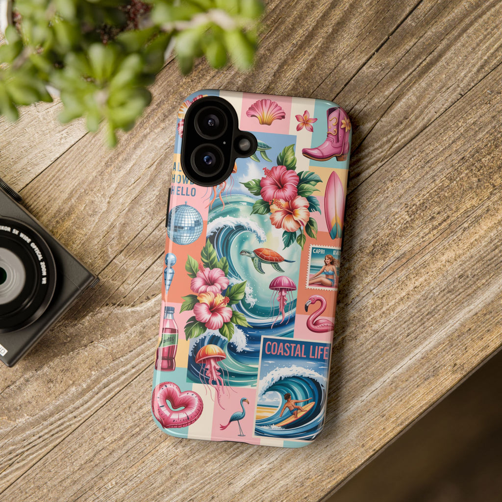 Coastal Collage Phone Case — Retro Beach Surf Floral Design