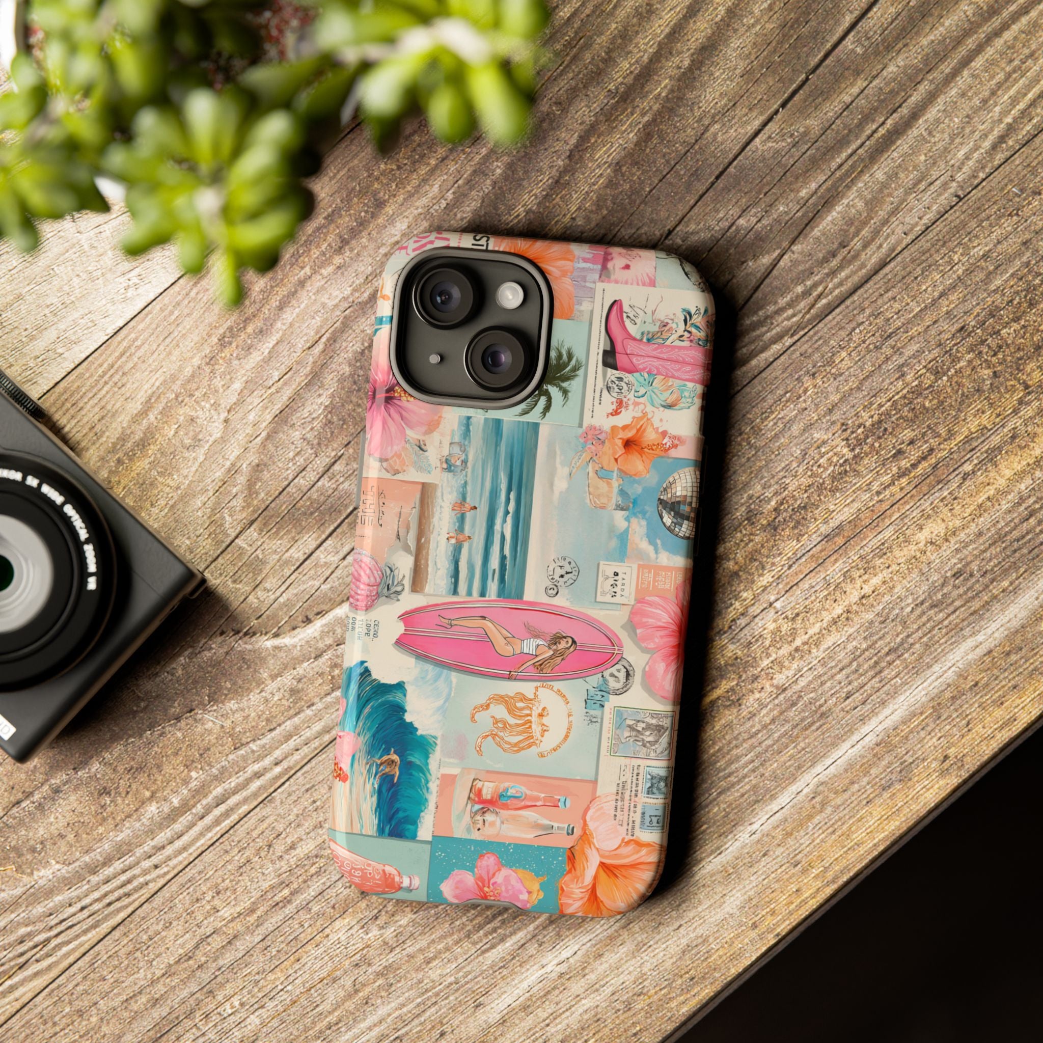 Tropical Surf Collage Phone Case — Vintage Hawaiian Floral & Surfboard Design