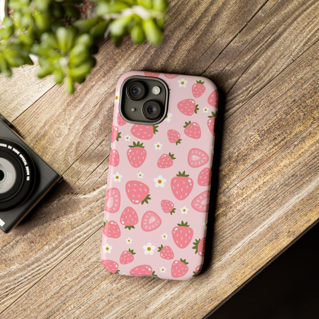 Strawberry Pattern Phone Case – Cute Pink Fruit Protective Tough Case