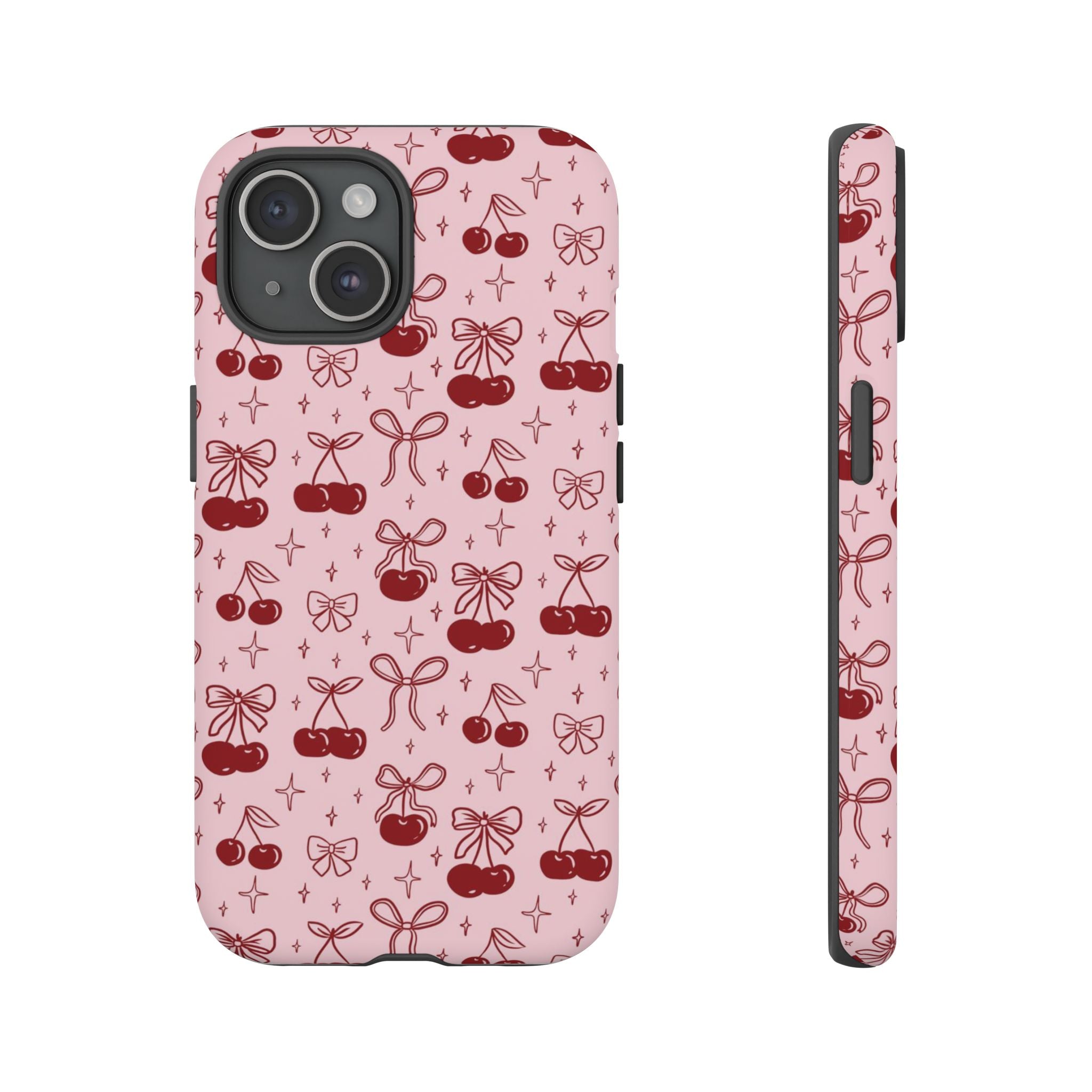 Cherry Pattern Phone Case — Cute Pink Cherries with Bows Durable Tough Case