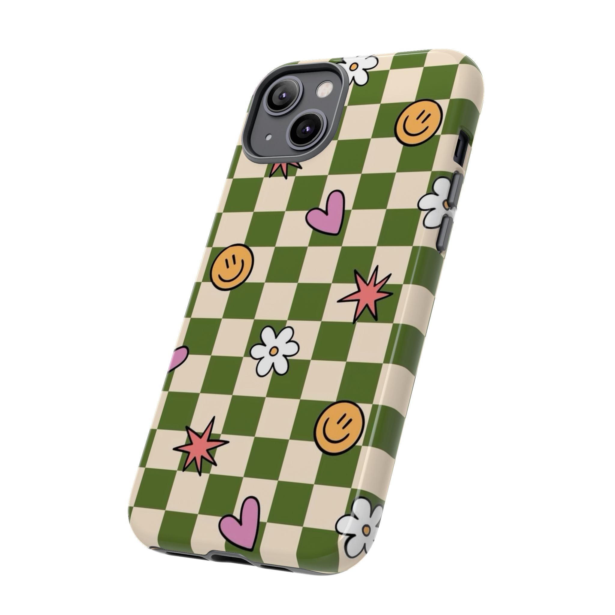 Green Checkered Floral & Smile Phone Case — Cute Heart, Daisy & Smile Pattern
