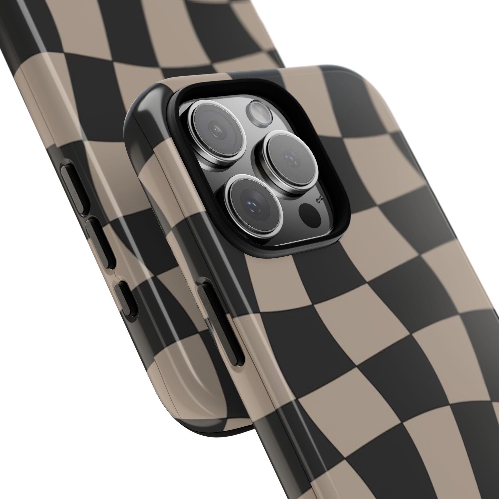 Wavy Checkerboard Phone Case — Retro Black & Beige Pattern, Durable Protective Cover