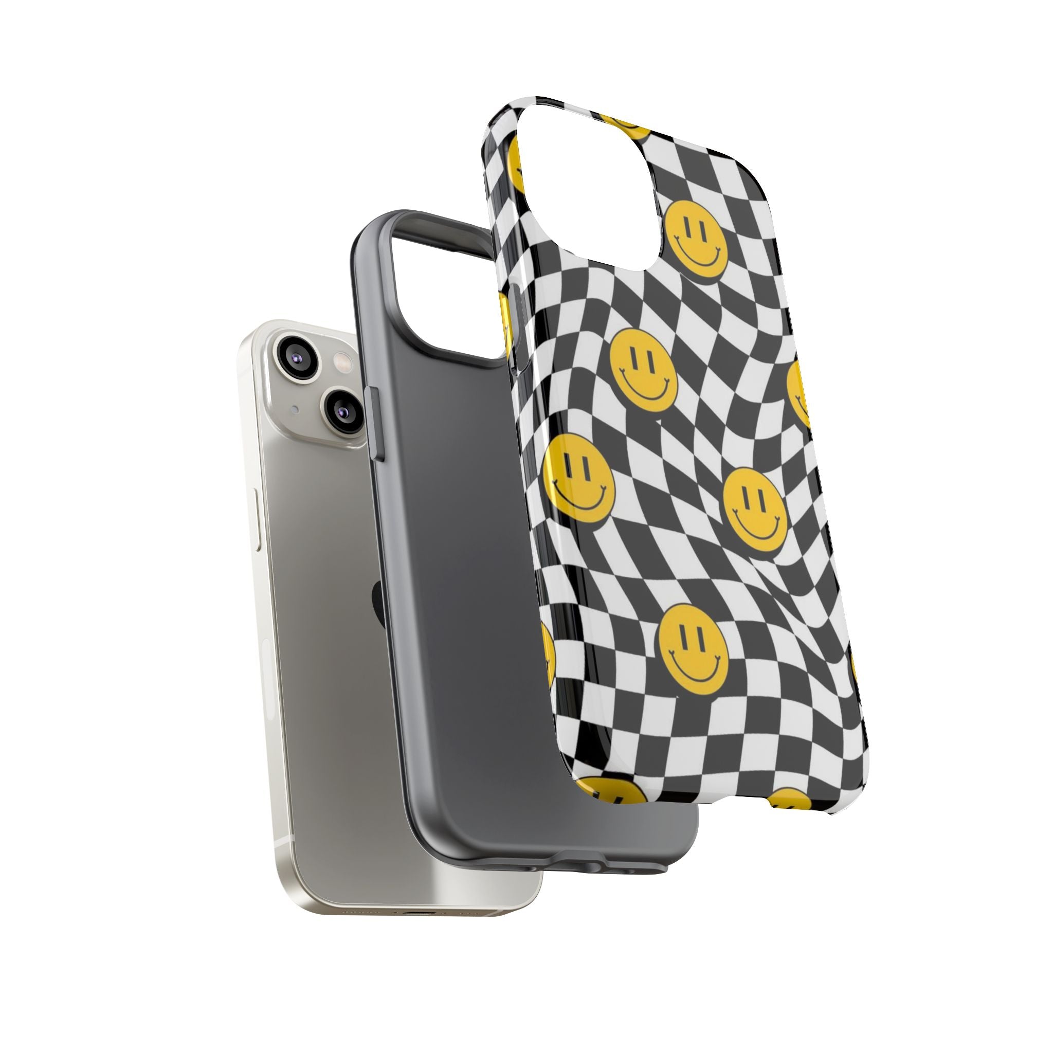 Smiley Checkerboard Tough Phone Case — Retro Wavy Black & White Design