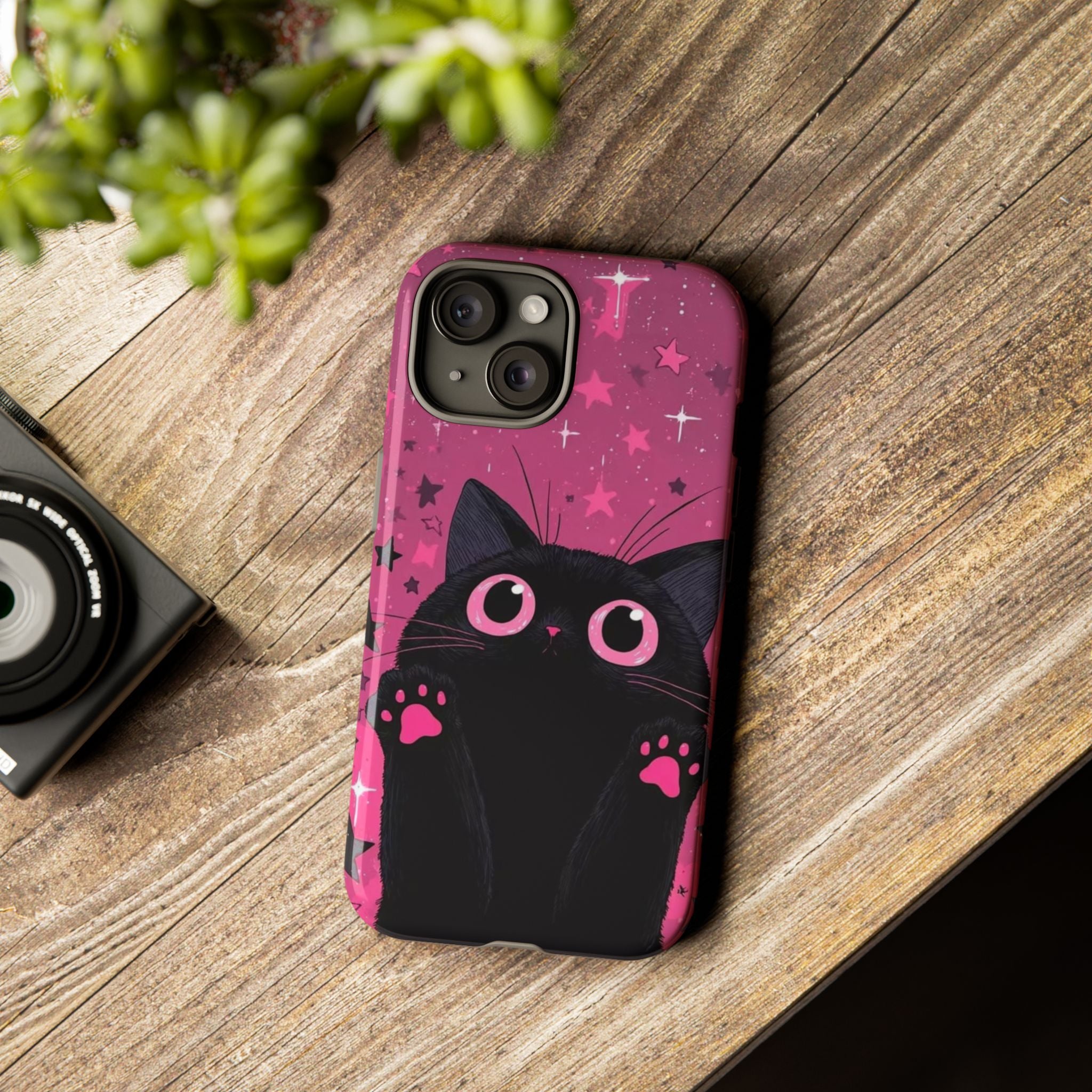 Cat Paw Pink Galaxy Phone Case — Cute Black Kitten iPhone Cover