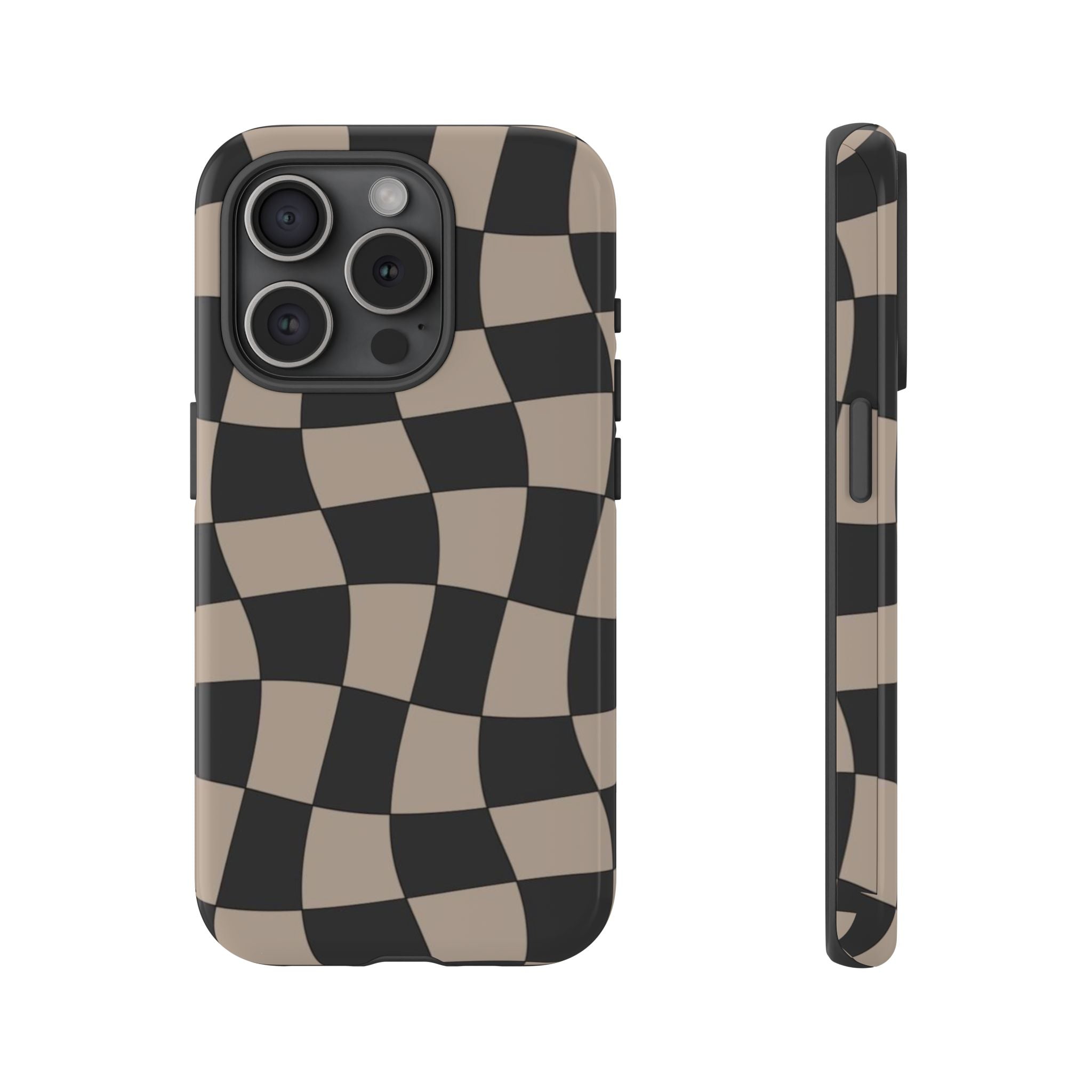 Wavy Checkerboard Phone Case — Retro Black & Beige Pattern, Durable Protective Cover