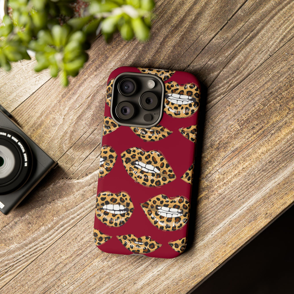 Phone Case — Leopard Lips Pattern on Burgundy