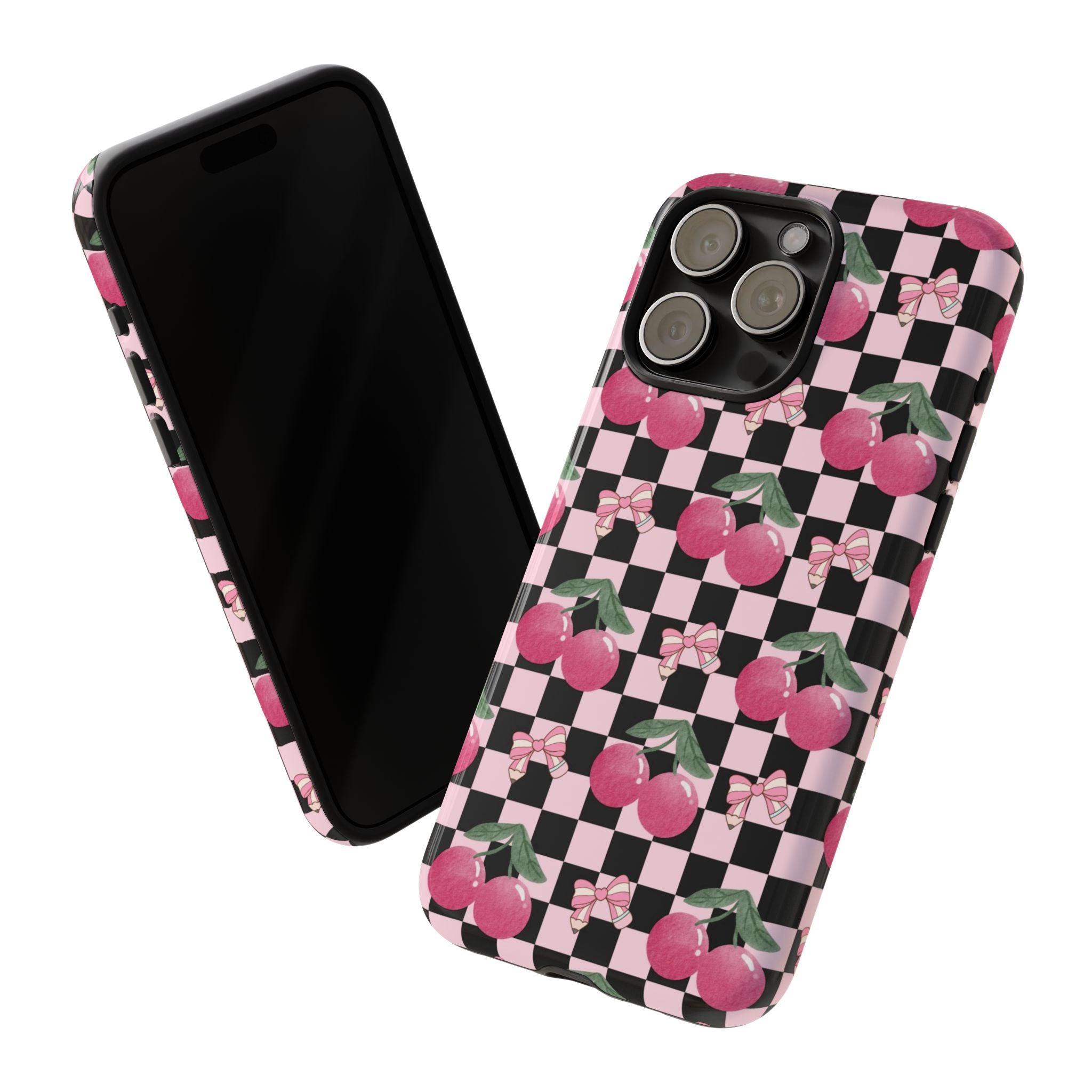 Cherry Checkered Phone Case — Pink Cherries on Black & White Checkerboard