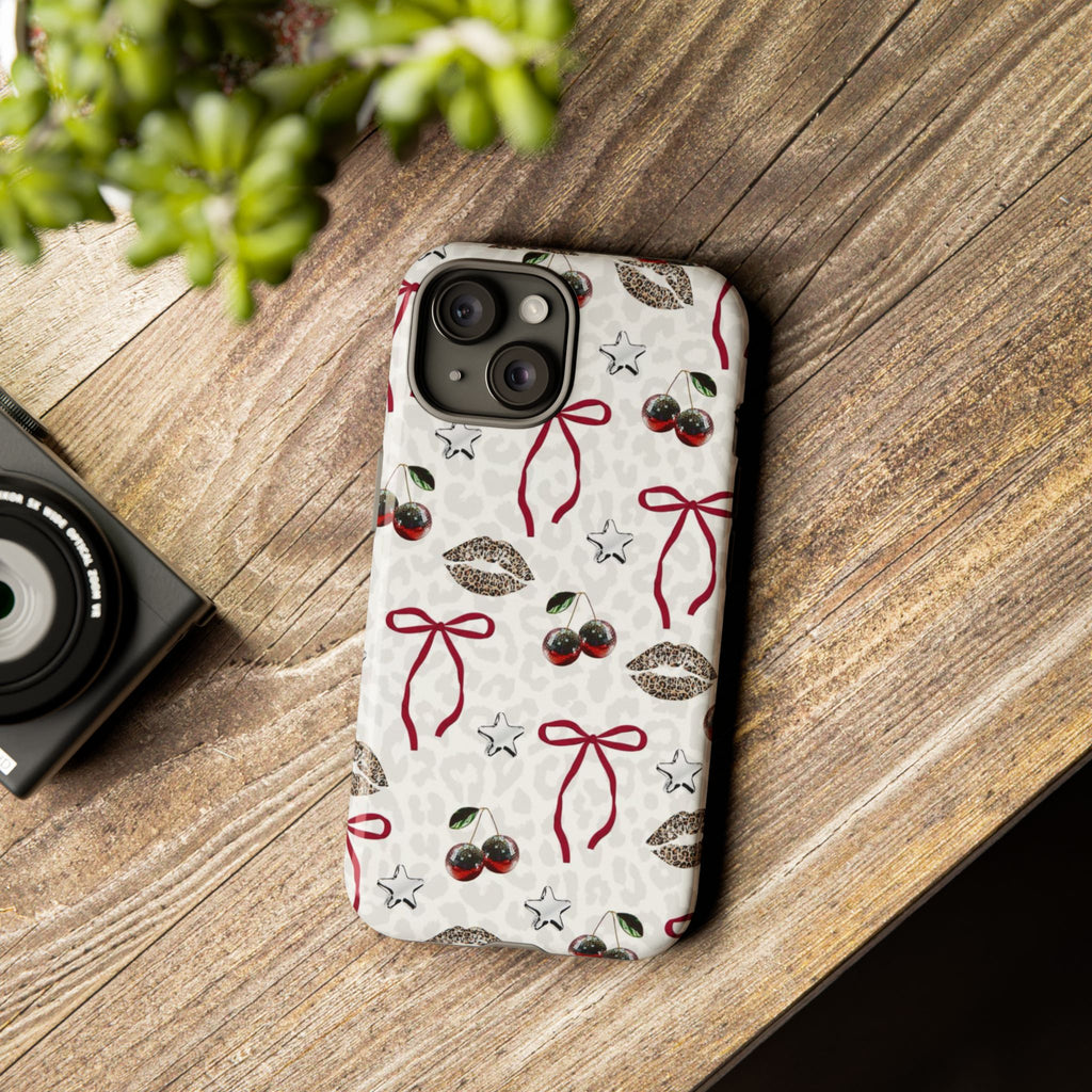 Cherry Bow Phone Case — Retro Cherry & Lips Pattern iPhone Cover