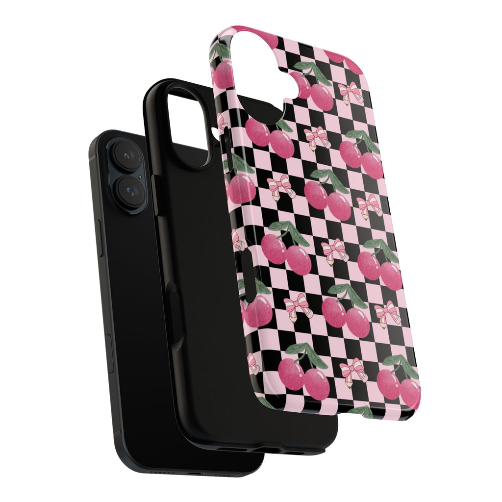 Cherry Checkered Phone Case — Pink Cherries on Black & White Checkerboard