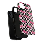 Cherry Checkered Phone Case — Pink Cherries on Black & White Checkerboard