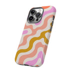 Retro Wavy Pattern Tough Phone Case — Pink, Peach & Mustard Abstract Design
