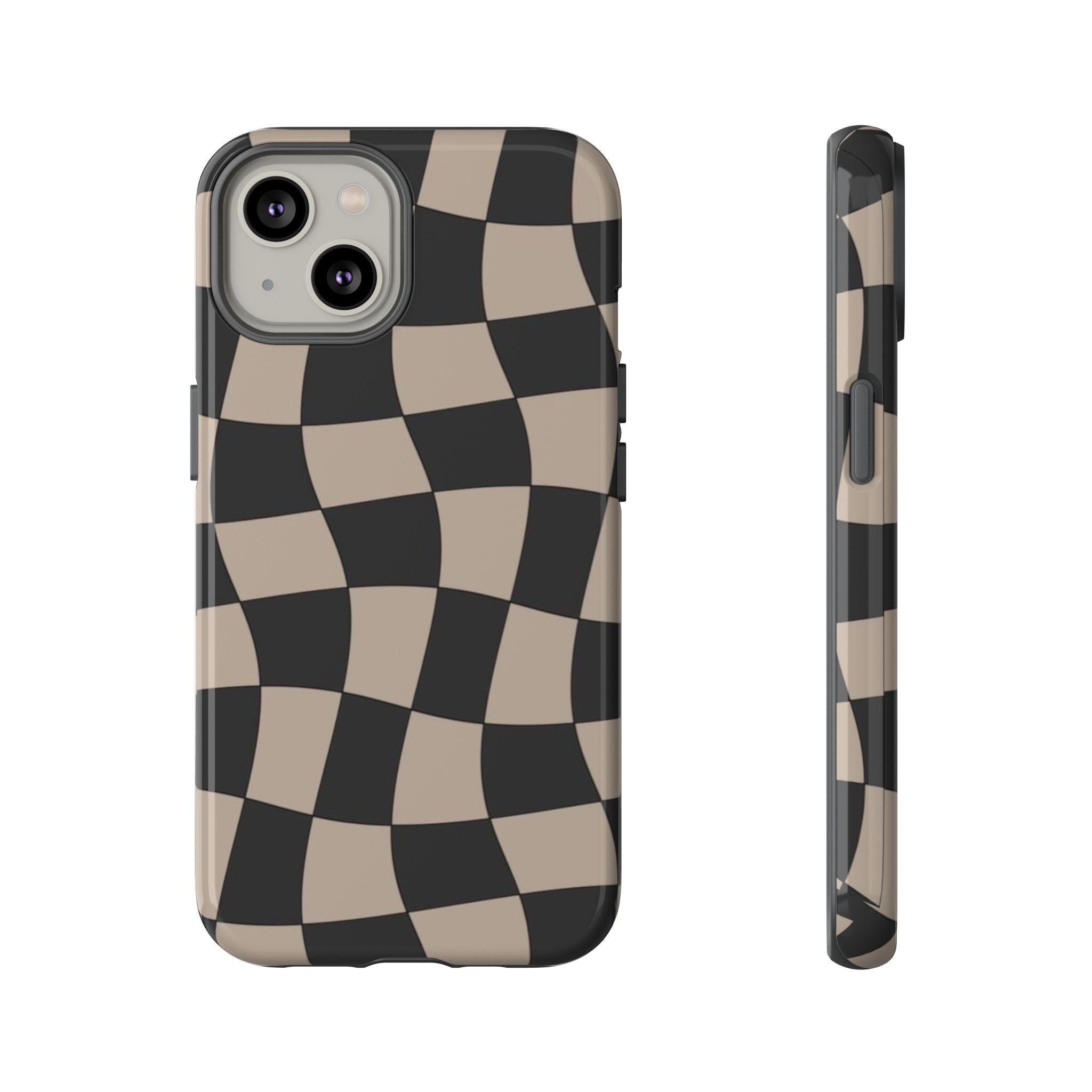 Wavy Checkerboard Phone Case — Retro Black & Beige Pattern, Durable Protective Cover