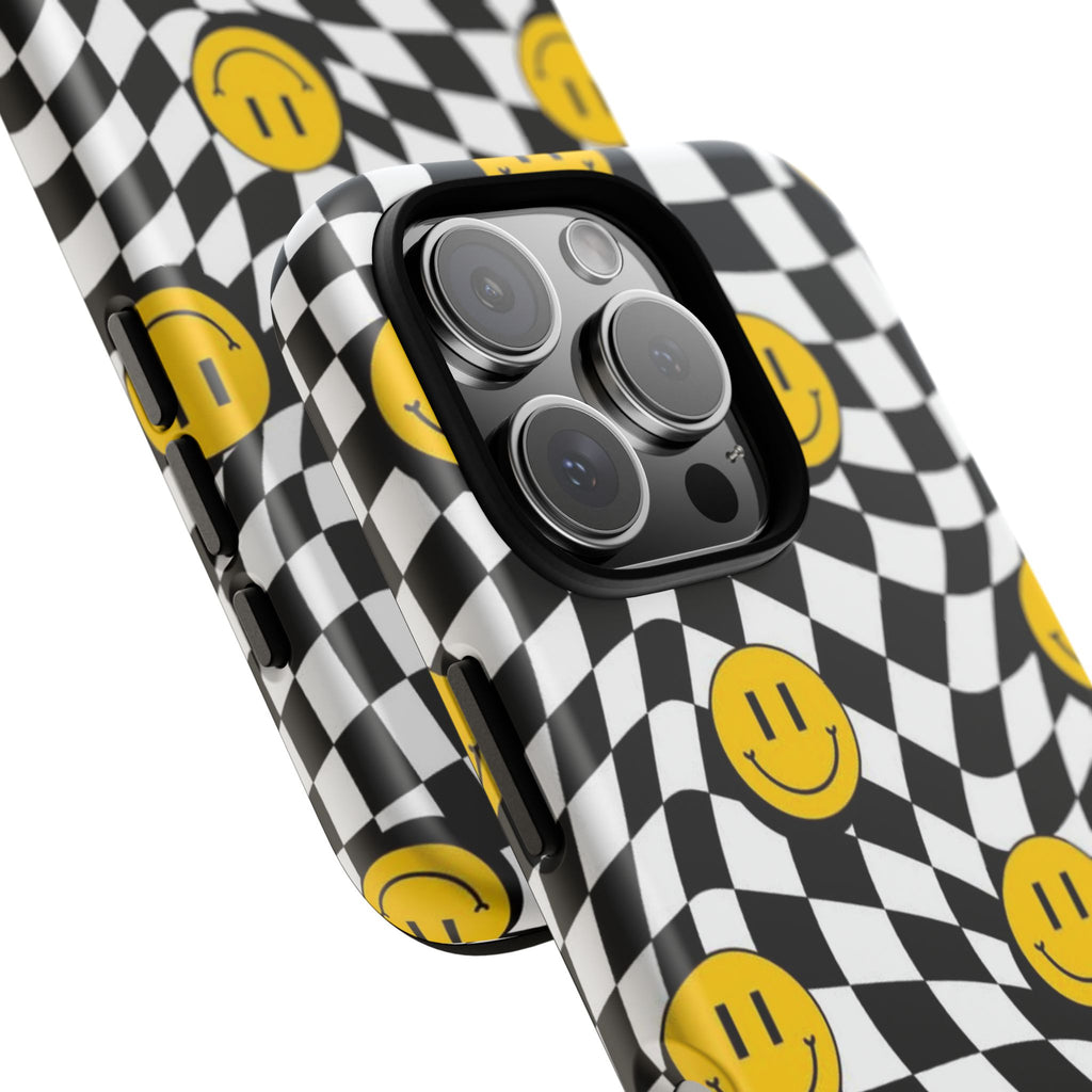 Smiley Checkerboard Tough Phone Case — Retro Wavy Black & White Design