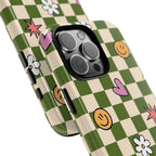 Green Checkered Floral & Smile Phone Case — Cute Heart, Daisy & Smile Pattern