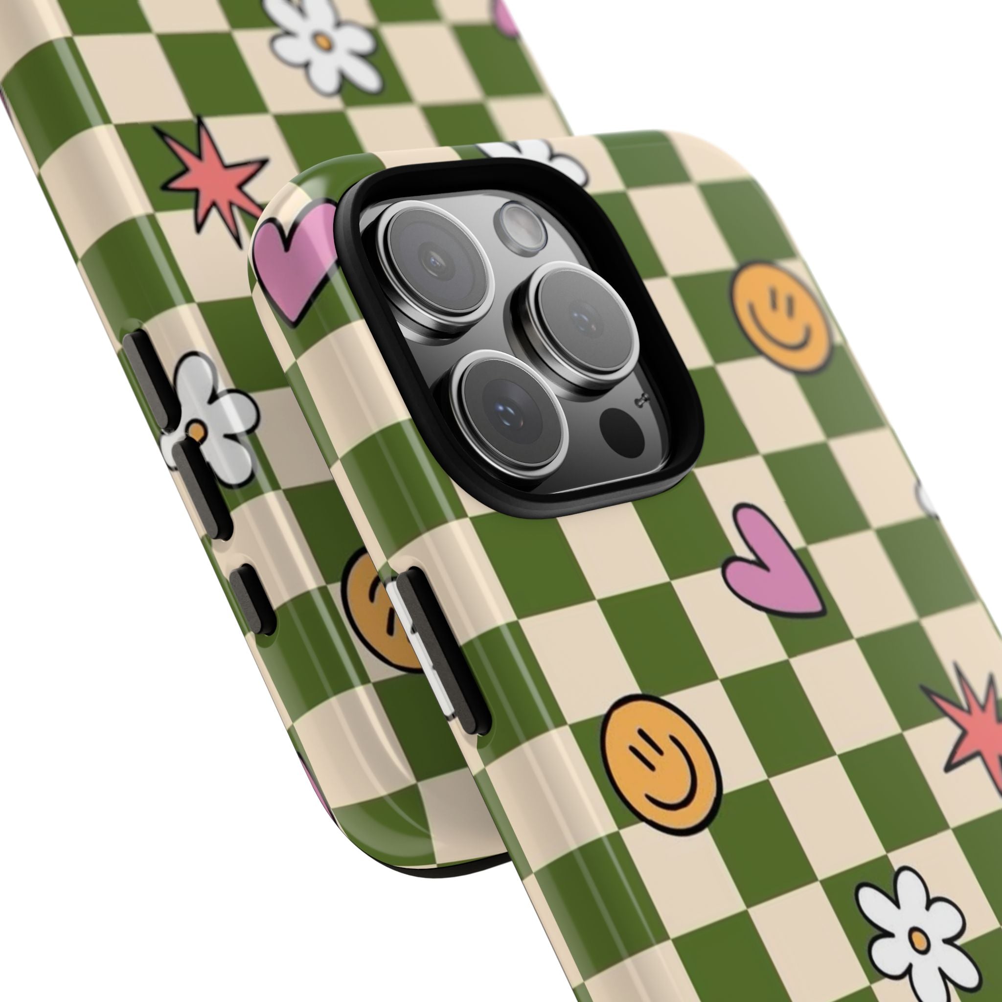 Green Checkered Floral & Smile Phone Case — Cute Heart, Daisy & Smile Pattern