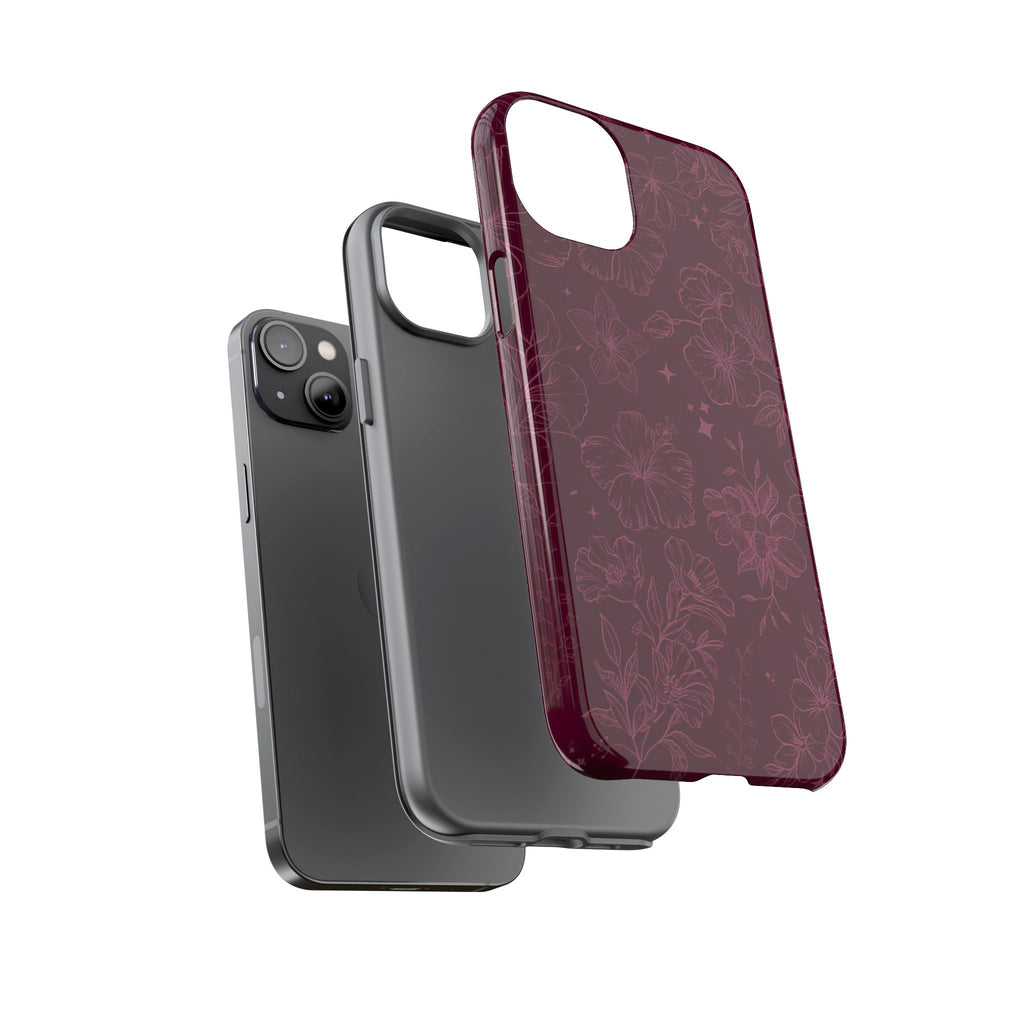 Burgundy Floral Tough Phone Case — Protective Hibiscus Pattern