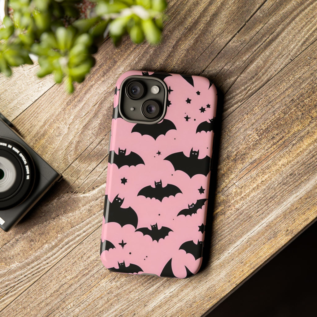 Pink Bat Pattern Tough Phone Case — Cute Halloween Bat Wings Design